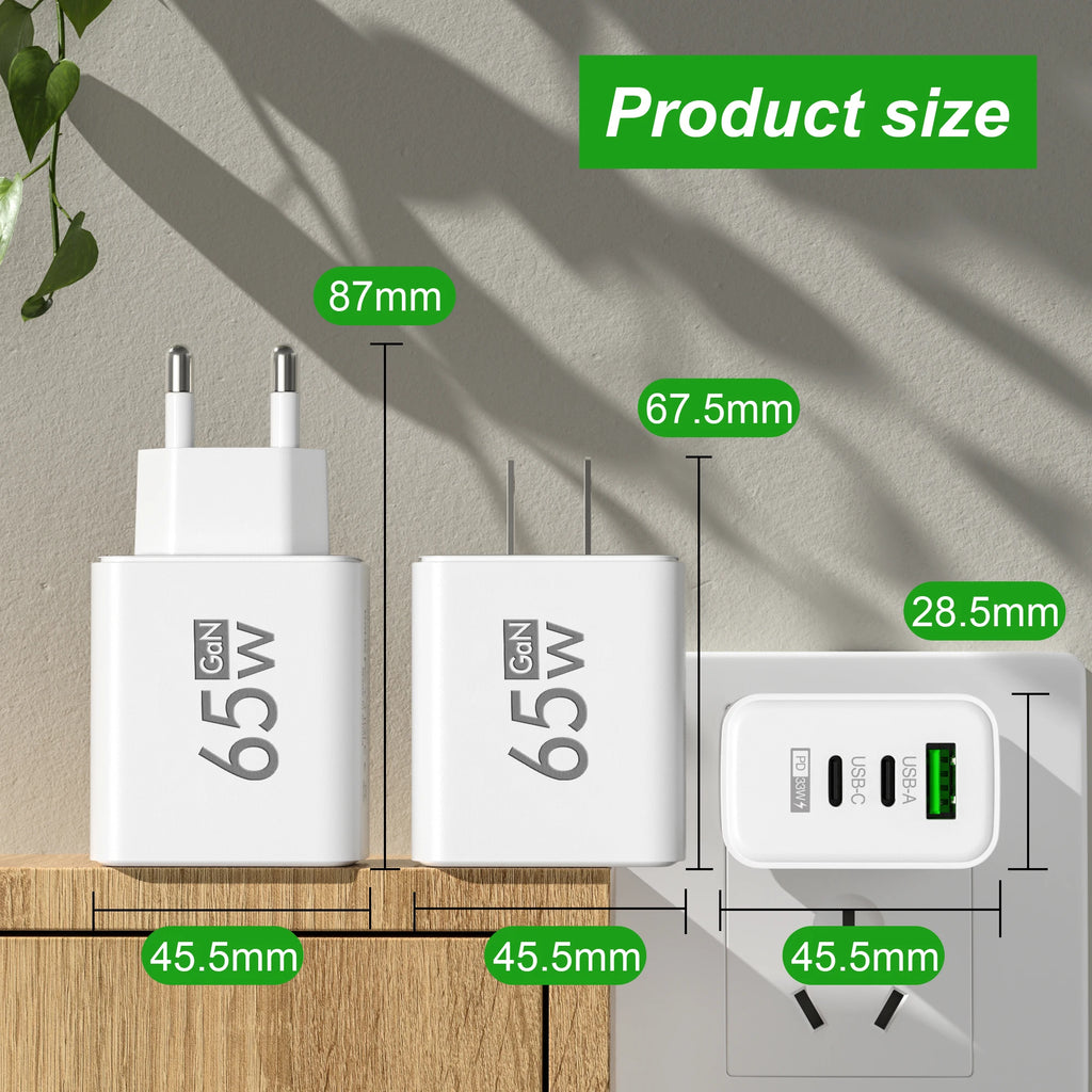 GaN PD Fast Charger with Type C and USB Ports 3 in 1 Quick Charging Adapter for iPhone 15  Samsung Huawei Xiaomi Mobile Devices