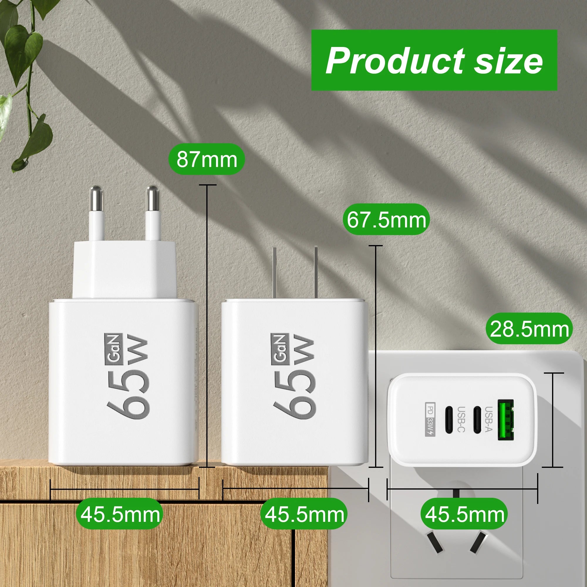 GaN PD Fast Charger with Type C and USB Ports 3 in 1 Quick Charging Adapter for iPhone 15  Samsung Huawei Xiaomi Mobile Devices